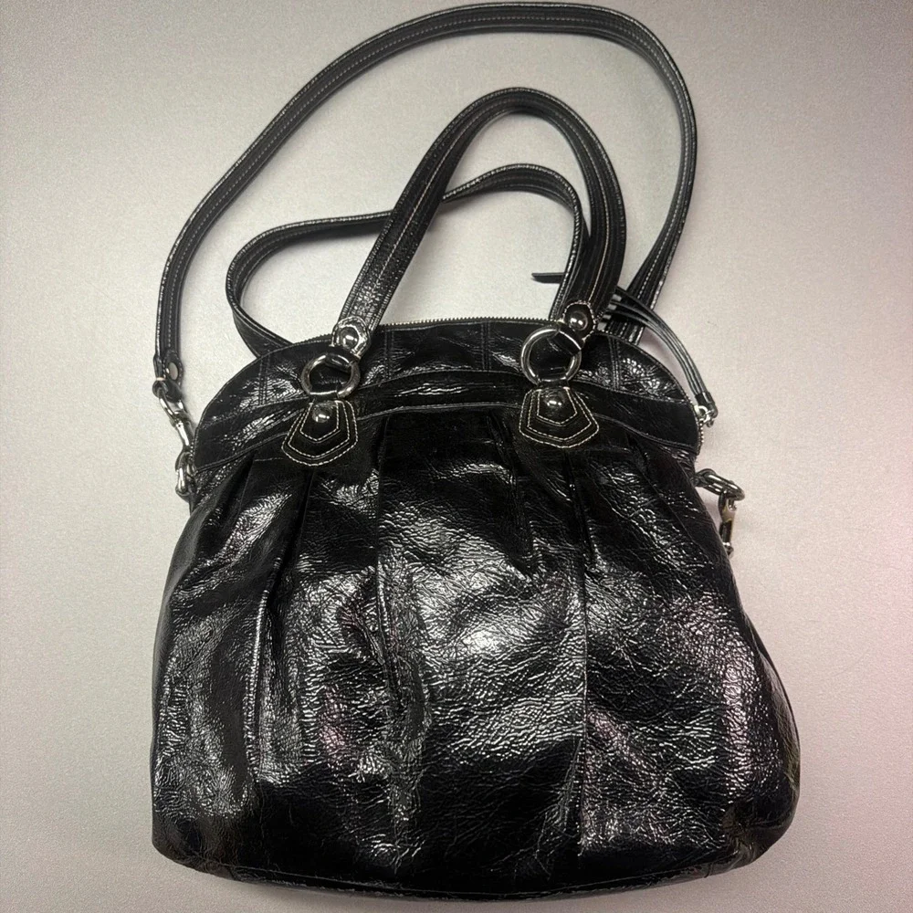 Coach Poppy Storypatch Groovy Black Patent Leather Satchel Crossbody Bag 16491